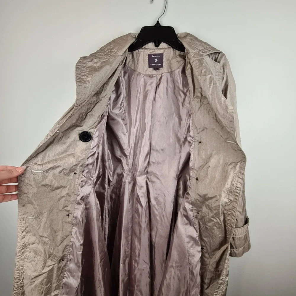 VTG Y2K Forever 21 Trench Coat Dress Double Breasted Shimmer Beige M Belted‎